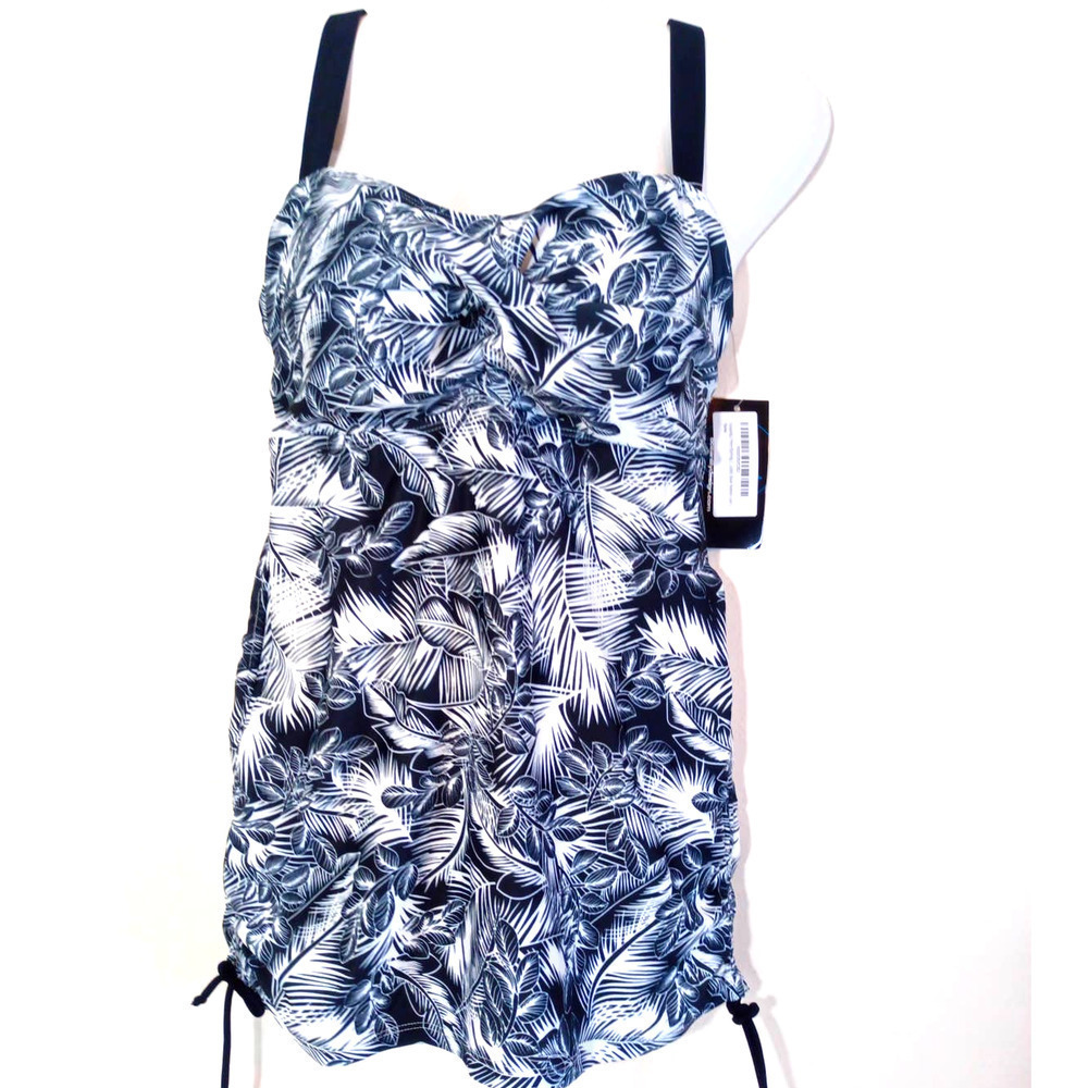 NWT Ocean Lily Women Size S Black White Tropical Cross Strap Long Tankini Padded